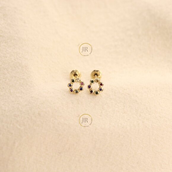 14K Solid Gold Circle Stud Earrings with Multicolor CZ · 4mm Dainty Design. - Picture 2 of 8